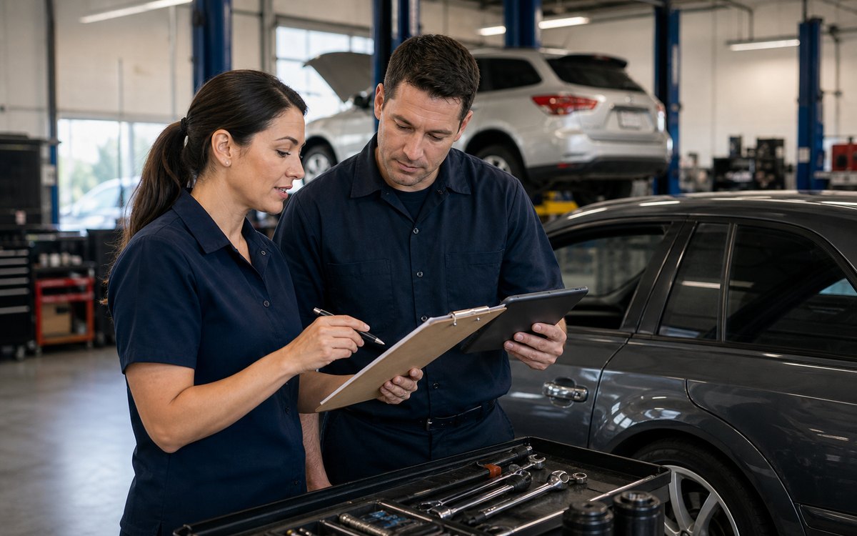 Maintenance estimate and inspection process reviewed beside the vehicle