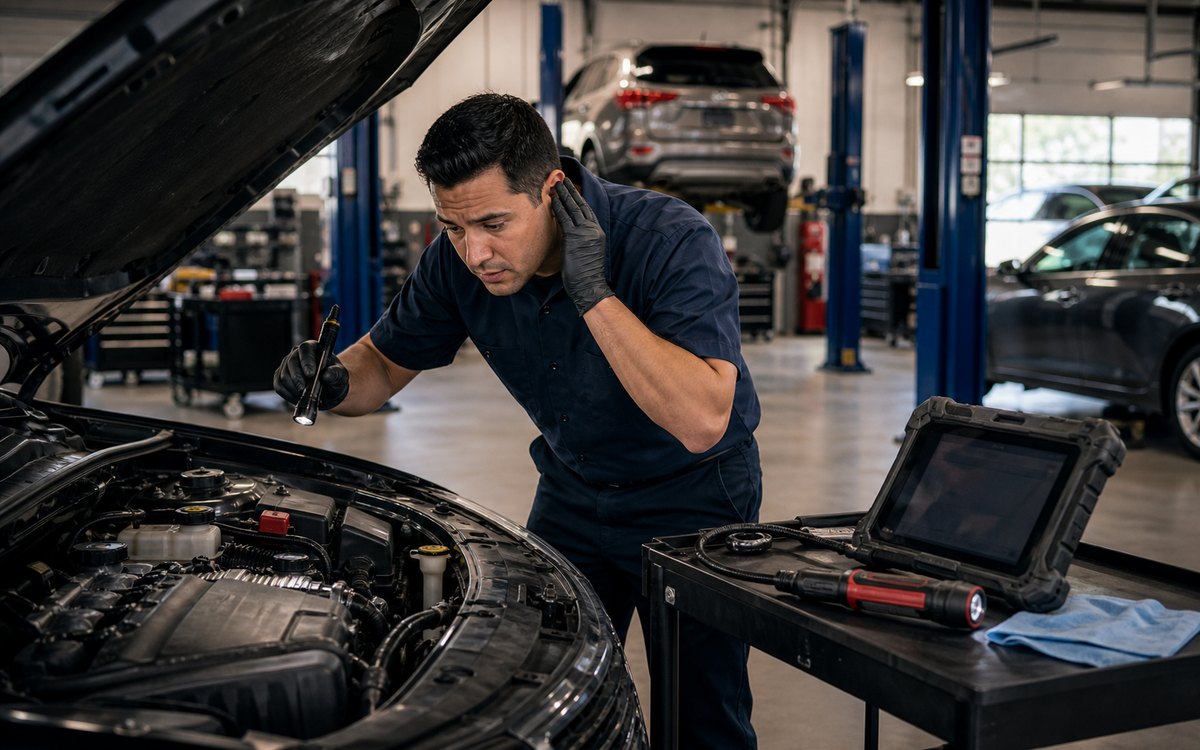 Open hood maintenance check for leaks noises and warning light symptoms
