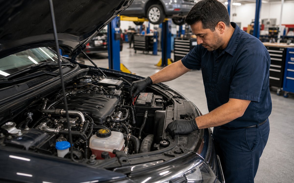 Belts hoses battery and coolant area inspected under the hood