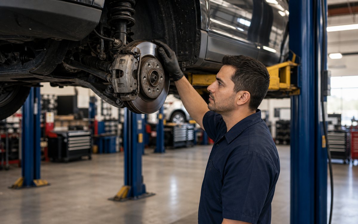 Brake tire and suspension safety check on a raised vehicle