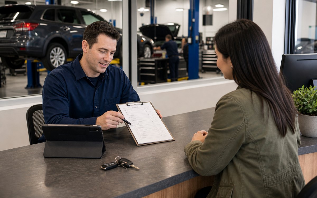 Service advisor reviewing final preventive maintenance notes with a customer