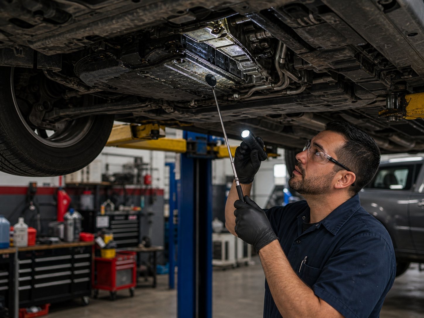 Technician checking cooler lines mounts wiring and leaks before recommending transmission service