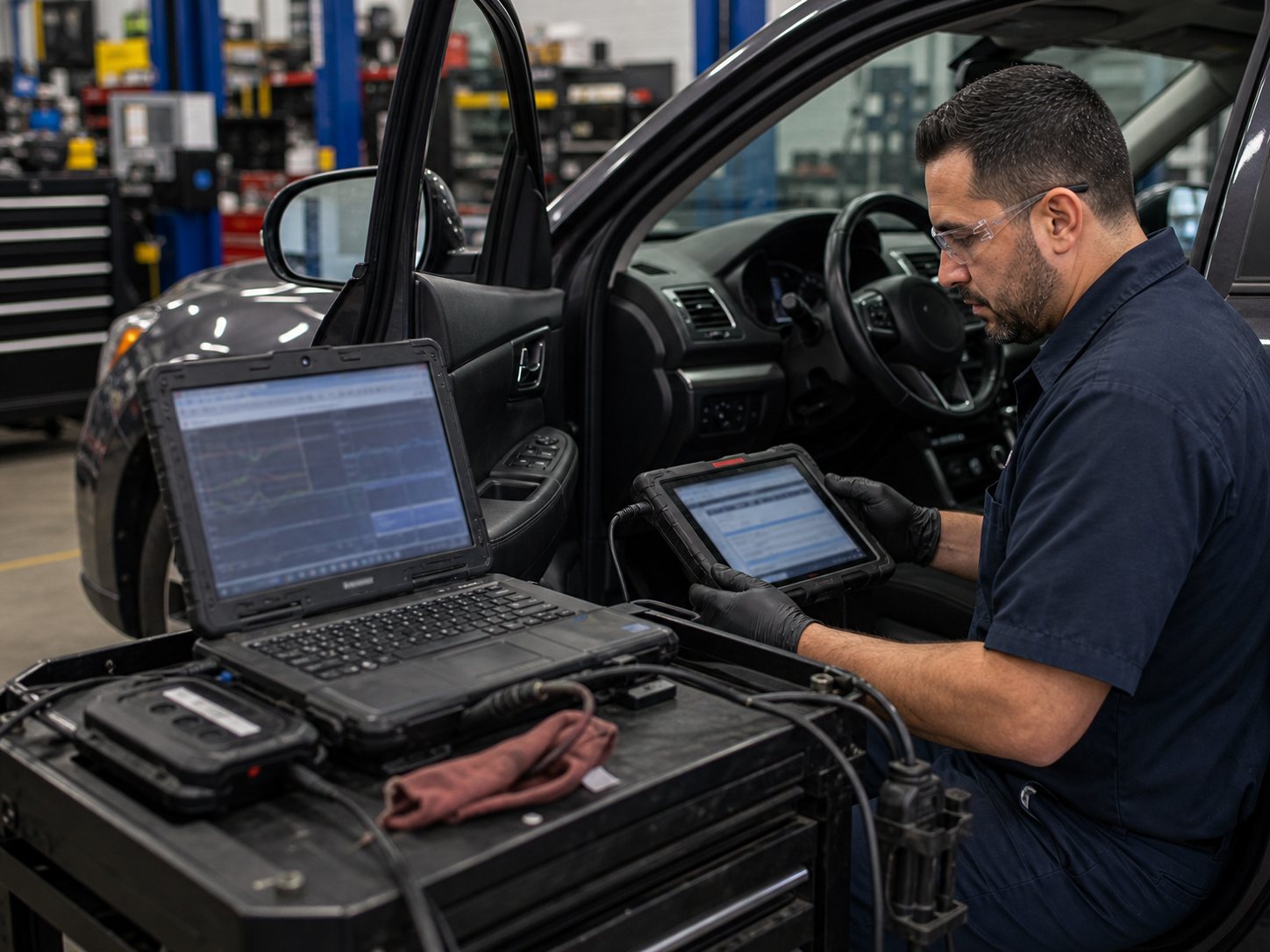 Computer scan during free transmission diagnostic with vehicle data reviewed on a diagnostic cart