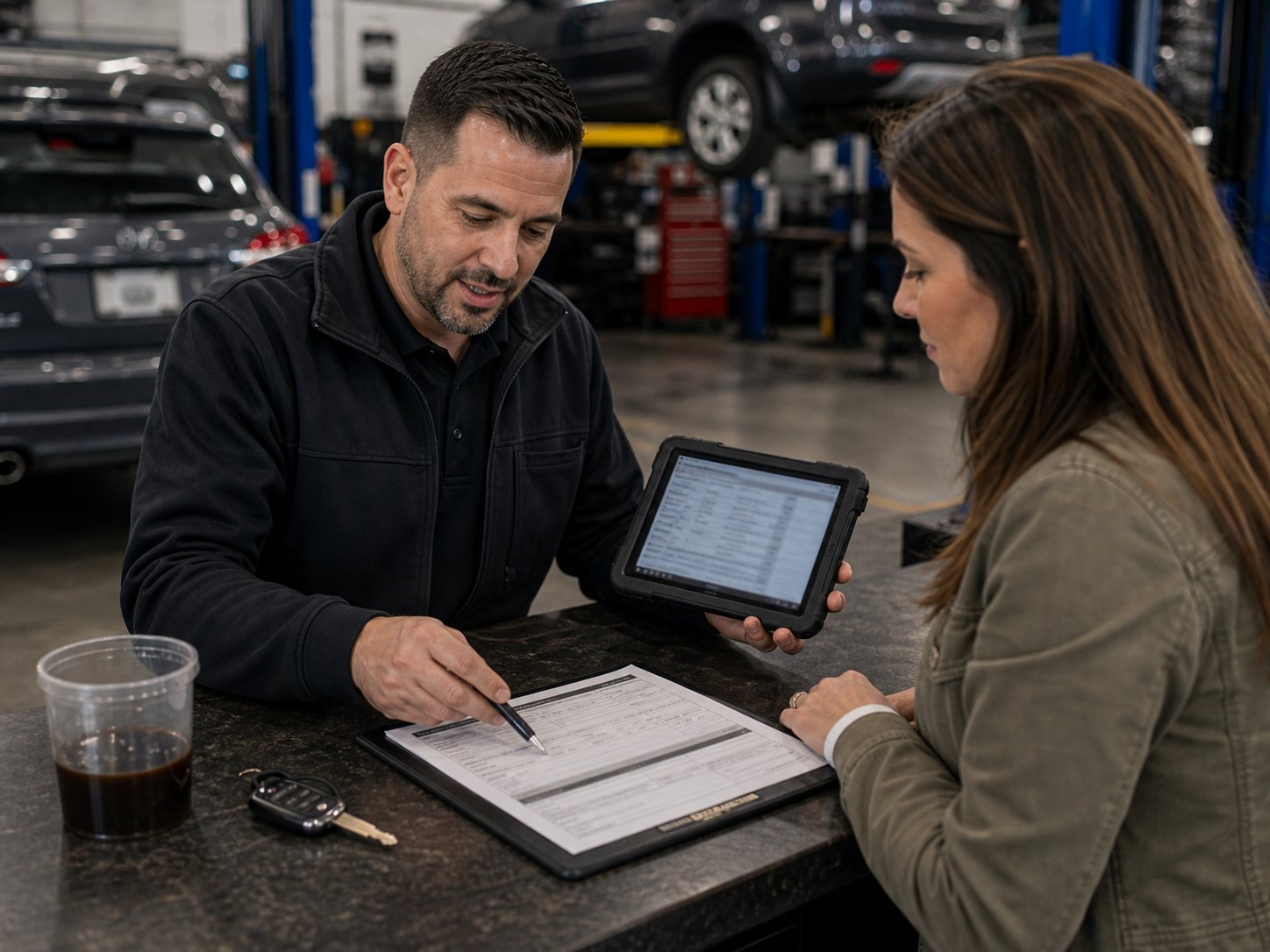 Written estimate review after free diagnostic with keys and fluid sample on service counter