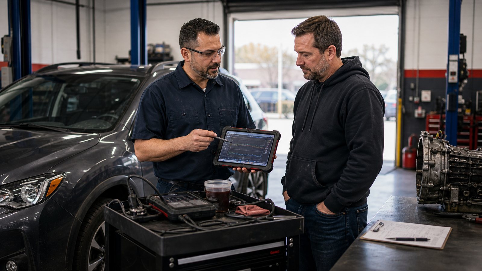 Mechanic explaining scan results and fluid condition during a free diagnostic review