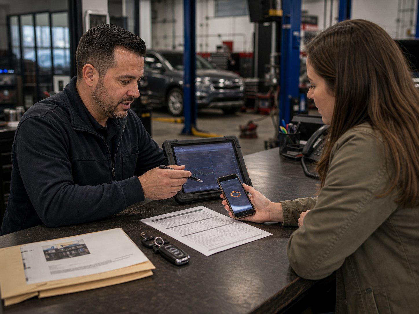 Free diagnostic intake with warning light photo mileage and prior estimate reviewed at the counter