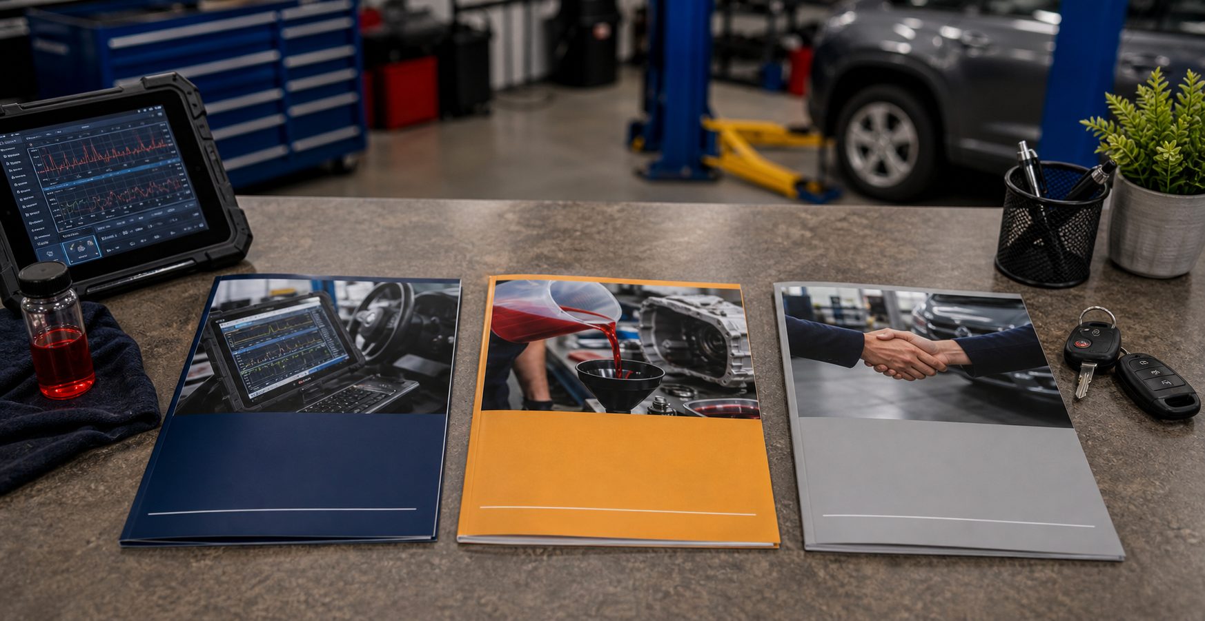 Three transmission offer folders on an Arlington Heights shop counter