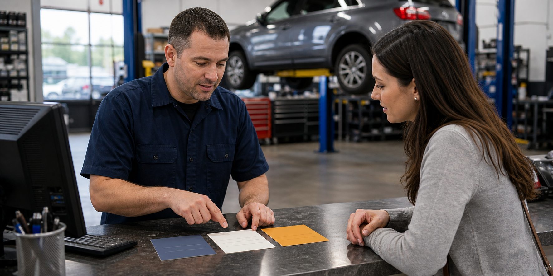 Service advisor reviewing transmission offer options with an Arlington Heights customer