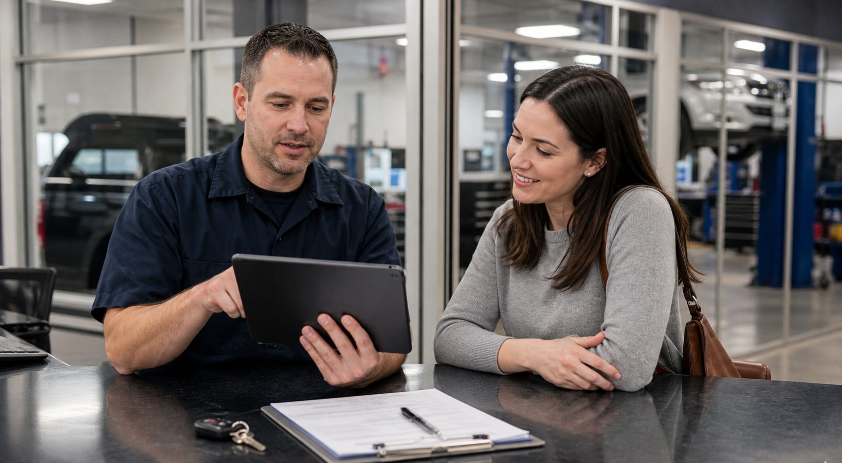 Customer and service advisor reviewing a referral at the Arlington Heights transmission counter