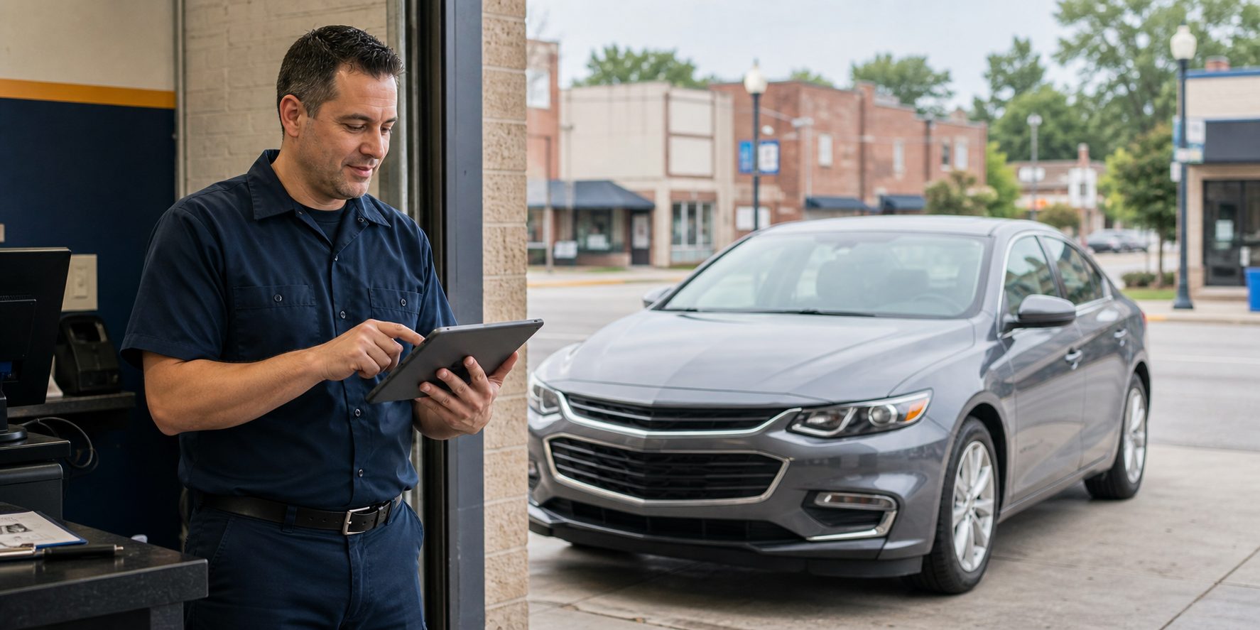 Service advisor confirming a completed referral repair on a tablet