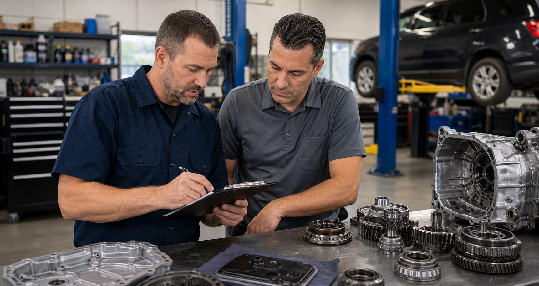 Technician and service advisor reviewing a completed repair checklist before referral follow-up
