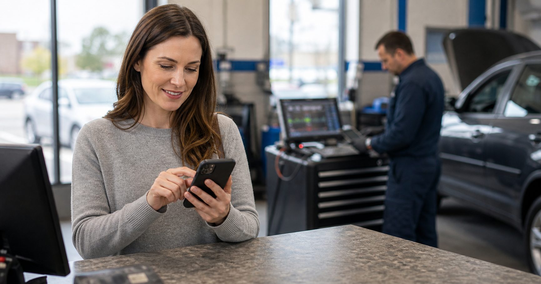 Customer texting a transmission repair referral from the Arlington Heights service counter