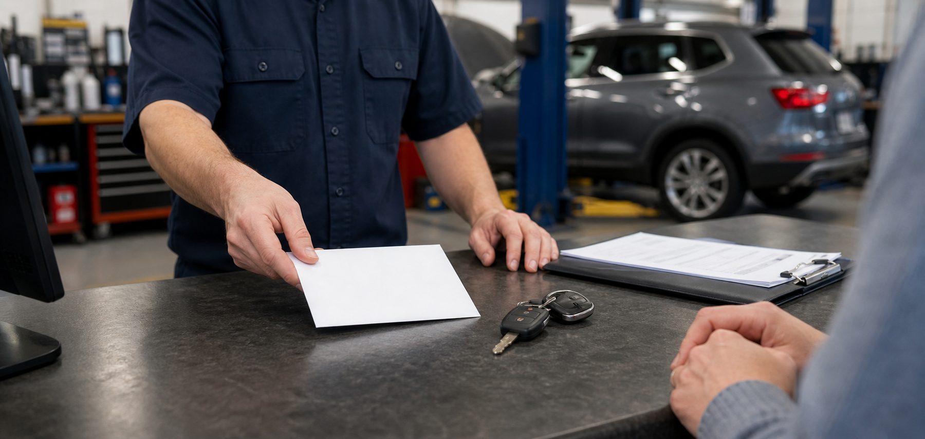 Thank-you envelope and vehicle keys after a completed referral bonus repair