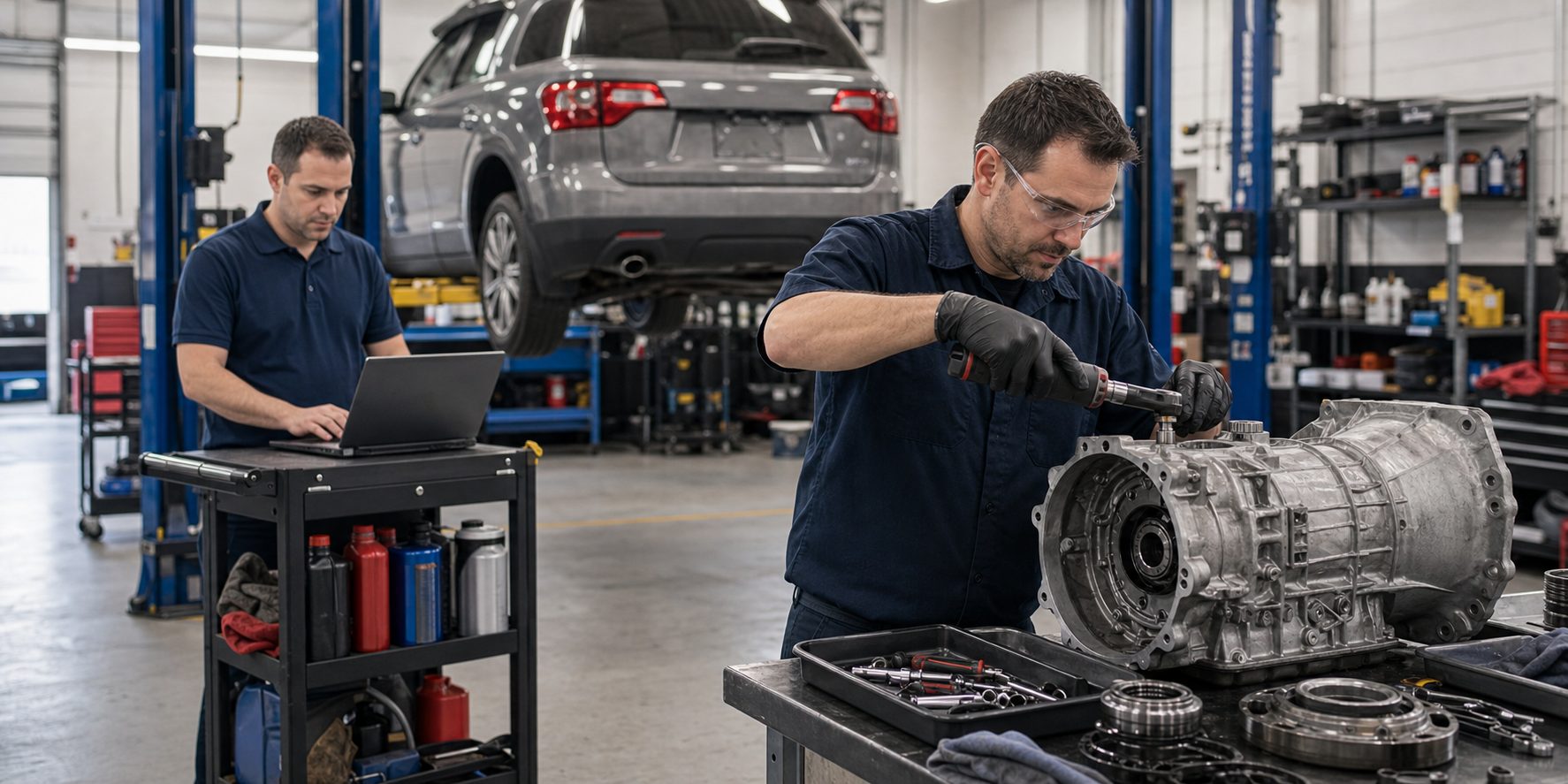 Completed transmission repair and referral check during Arlington Heights shop workflow