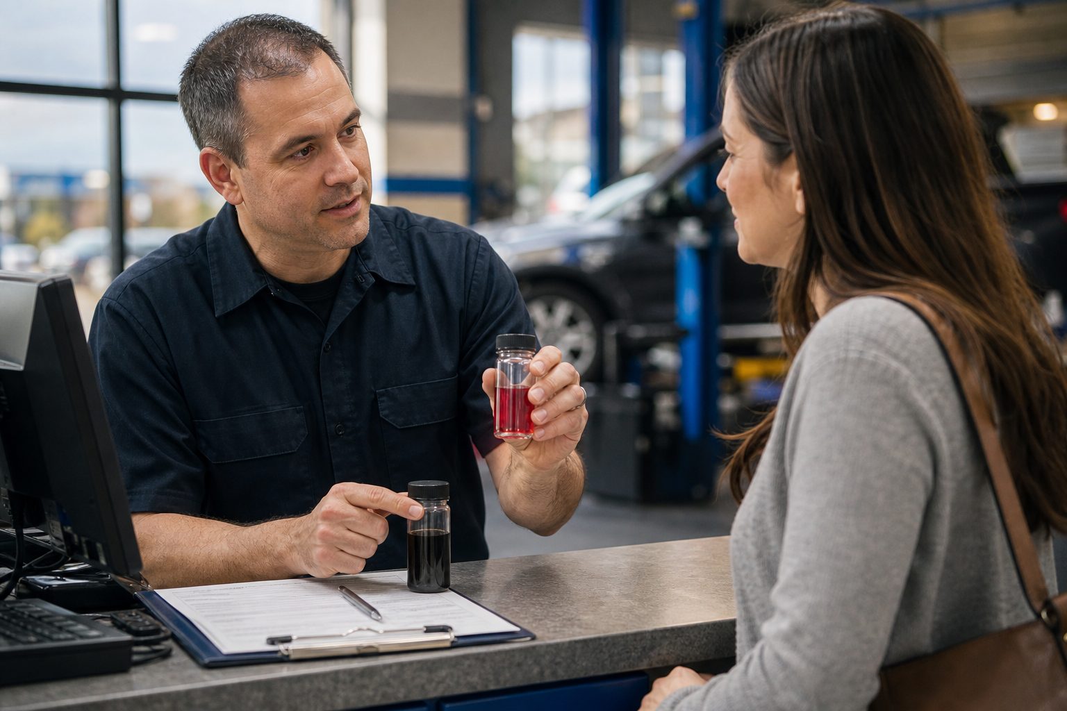 Technician draining automatic transmission fluid during a $89 fluid change in Arlington Heights