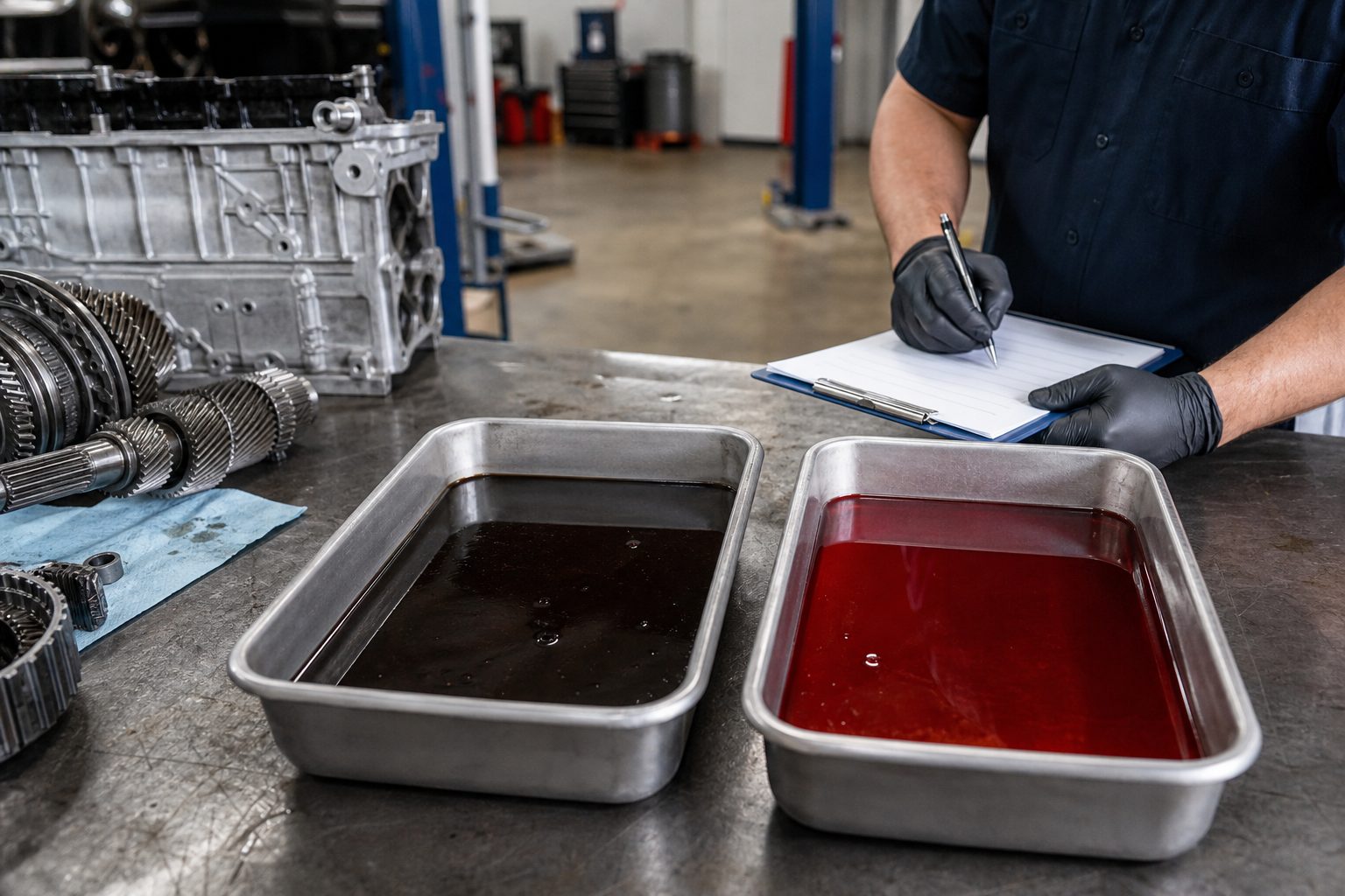 Clean red transmission fluid compared with dark worn fluid during Arlington Heights inspection