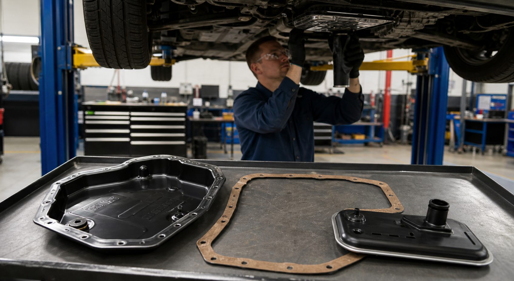 Transmission filter and pan gasket prepared during fluid service inspection