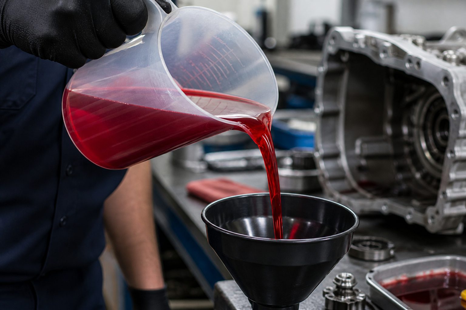 Fresh red automatic transmission fluid poured through a clean service funnel