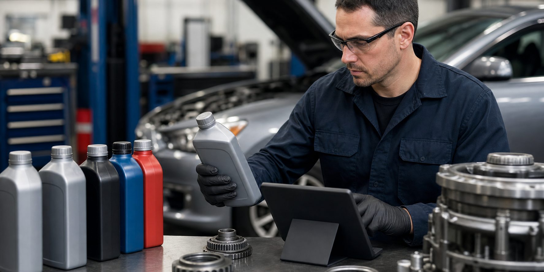Technician selecting manufacturer spec automatic transmission fluid for service