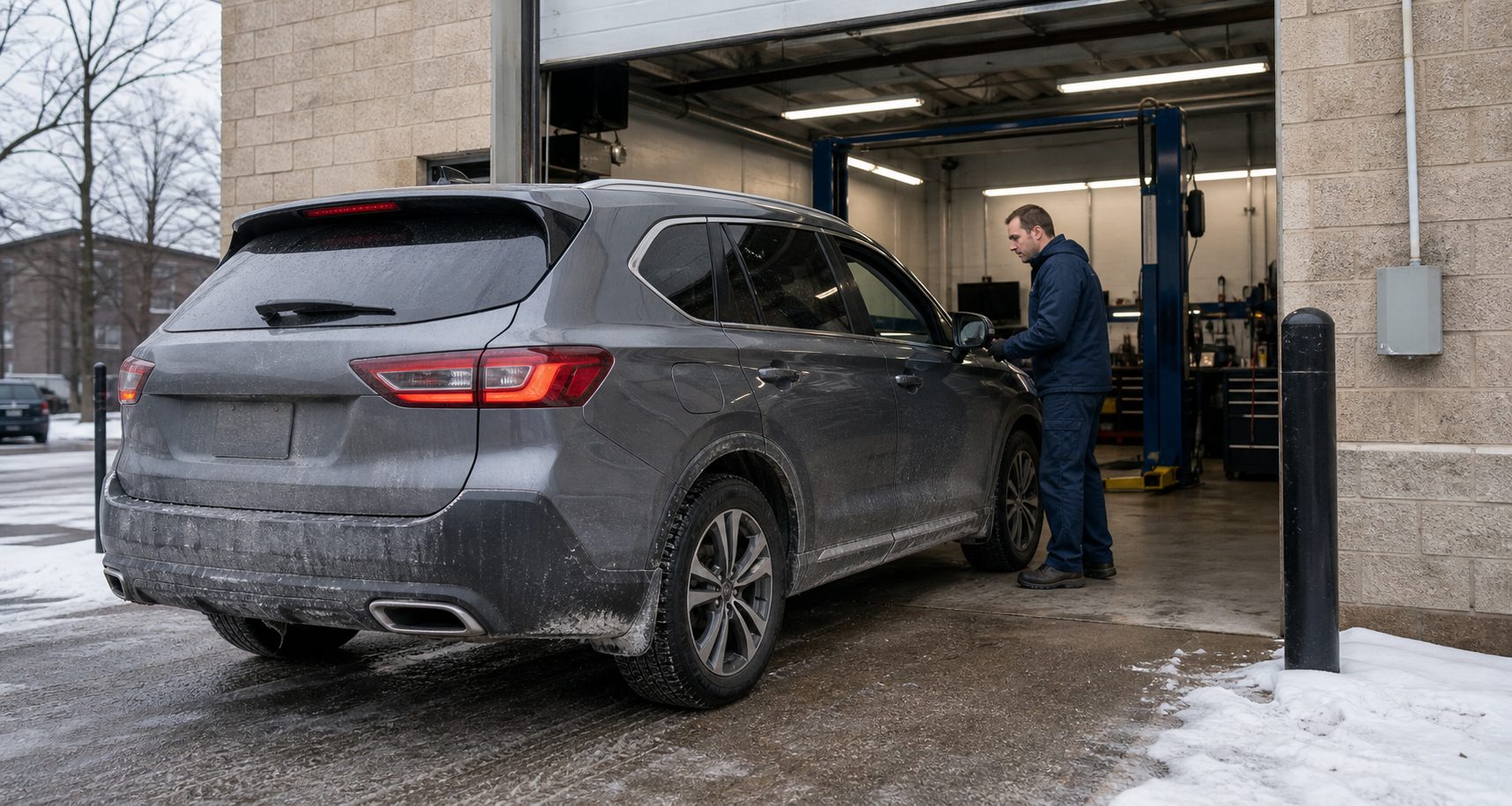 Winter road salt service check before an Arlington Heights transmission fluid change