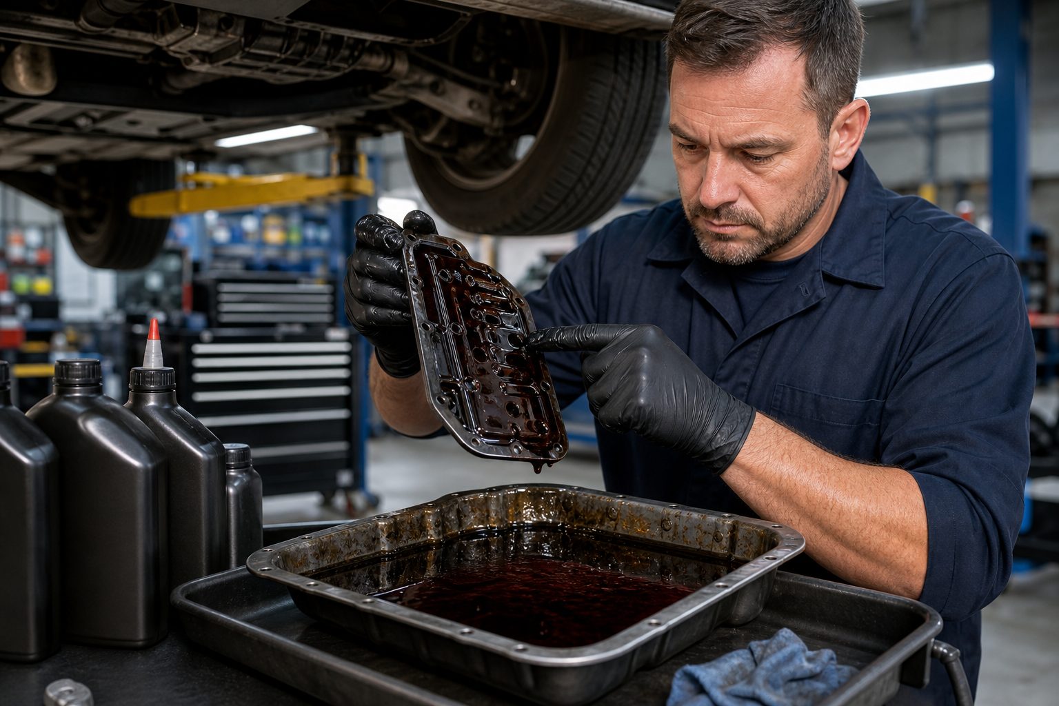 Transmission pan filter and magnet inspection during Arlington Heights fluid service