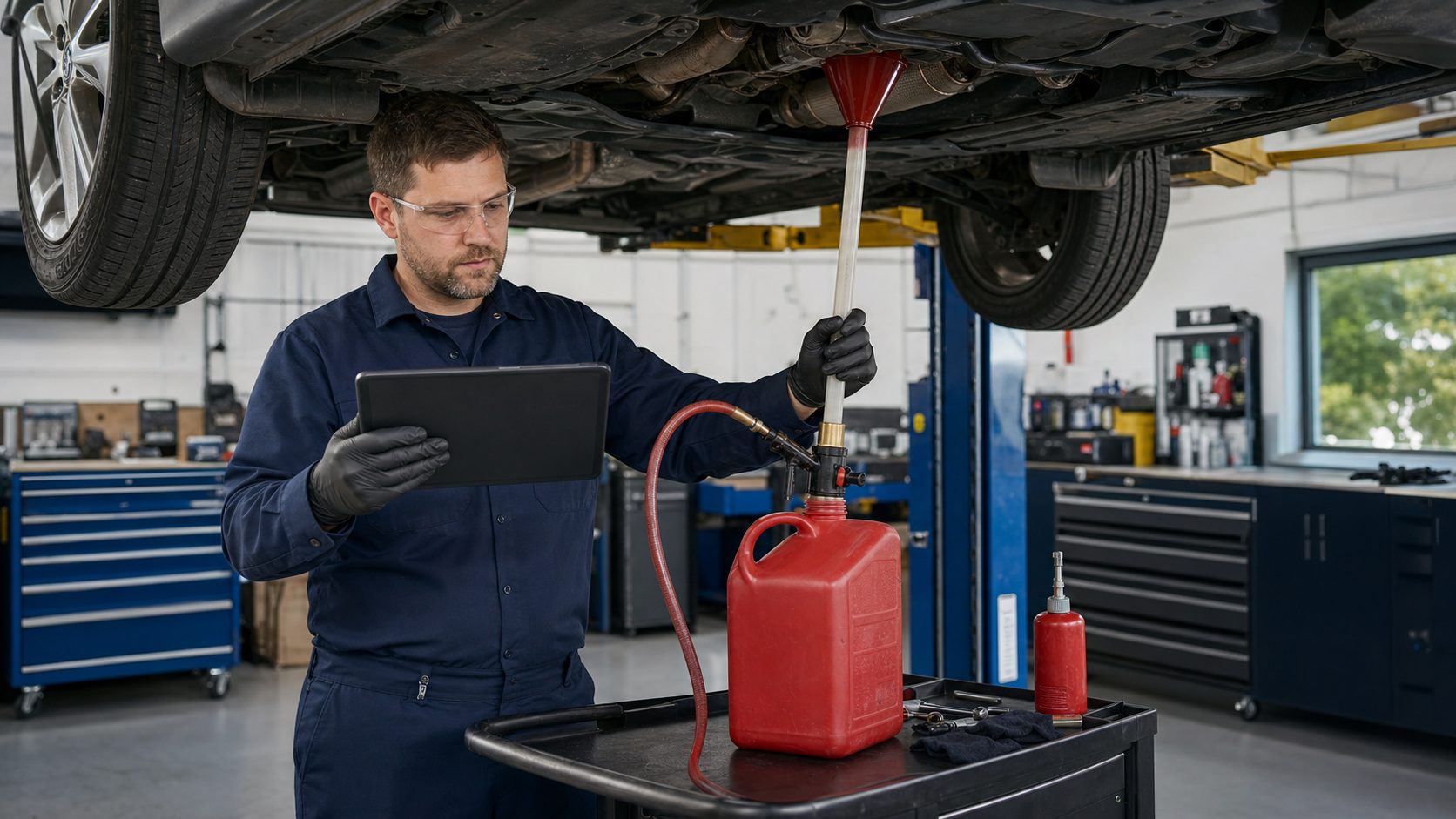 Fresh manufacturer spec transmission fluid being refilled during Arlington Heights service