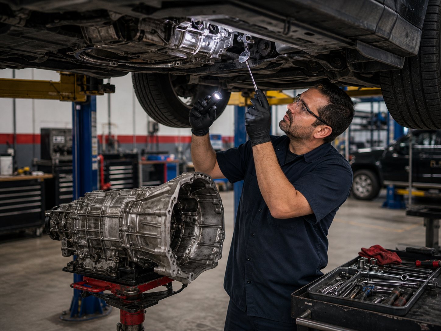 Transmission trained mechanic inspecting mounts cooler lines and bellhousing area