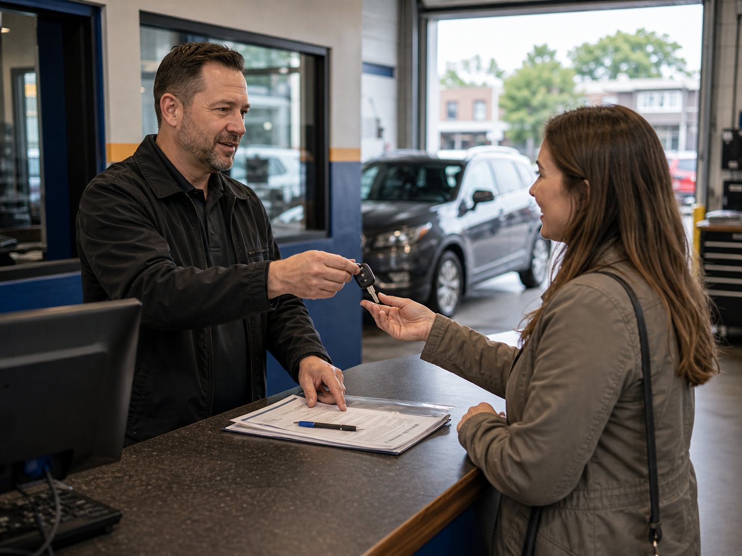 Customer handoff after auto repair with keys and warranty paperwork at the service counter