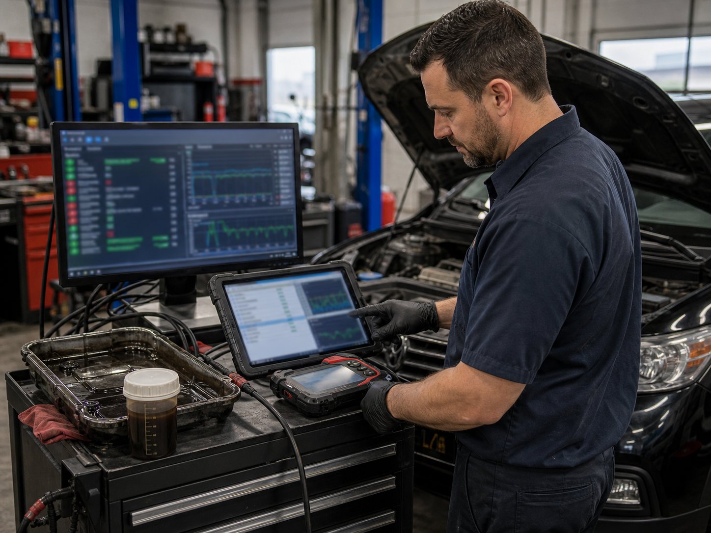 Transmission diagnostic evidence with scan tool data fluid sample and pan inspection