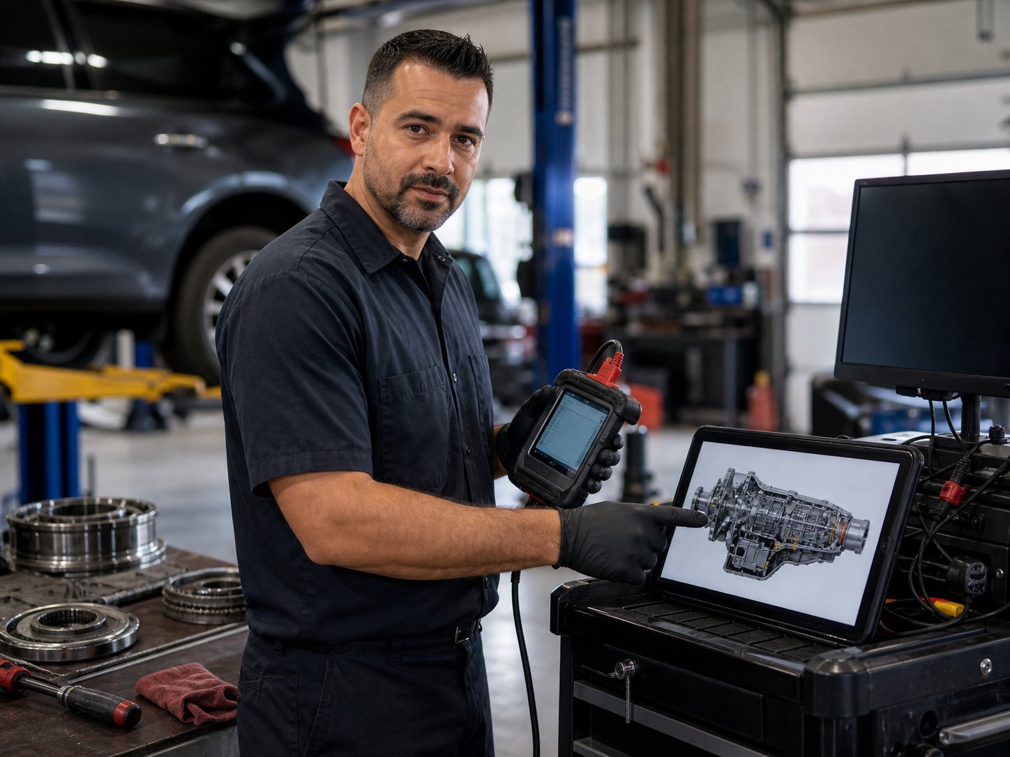 Transmission diagnostic technician reviewing scan results in an Arlington Heights repair bay