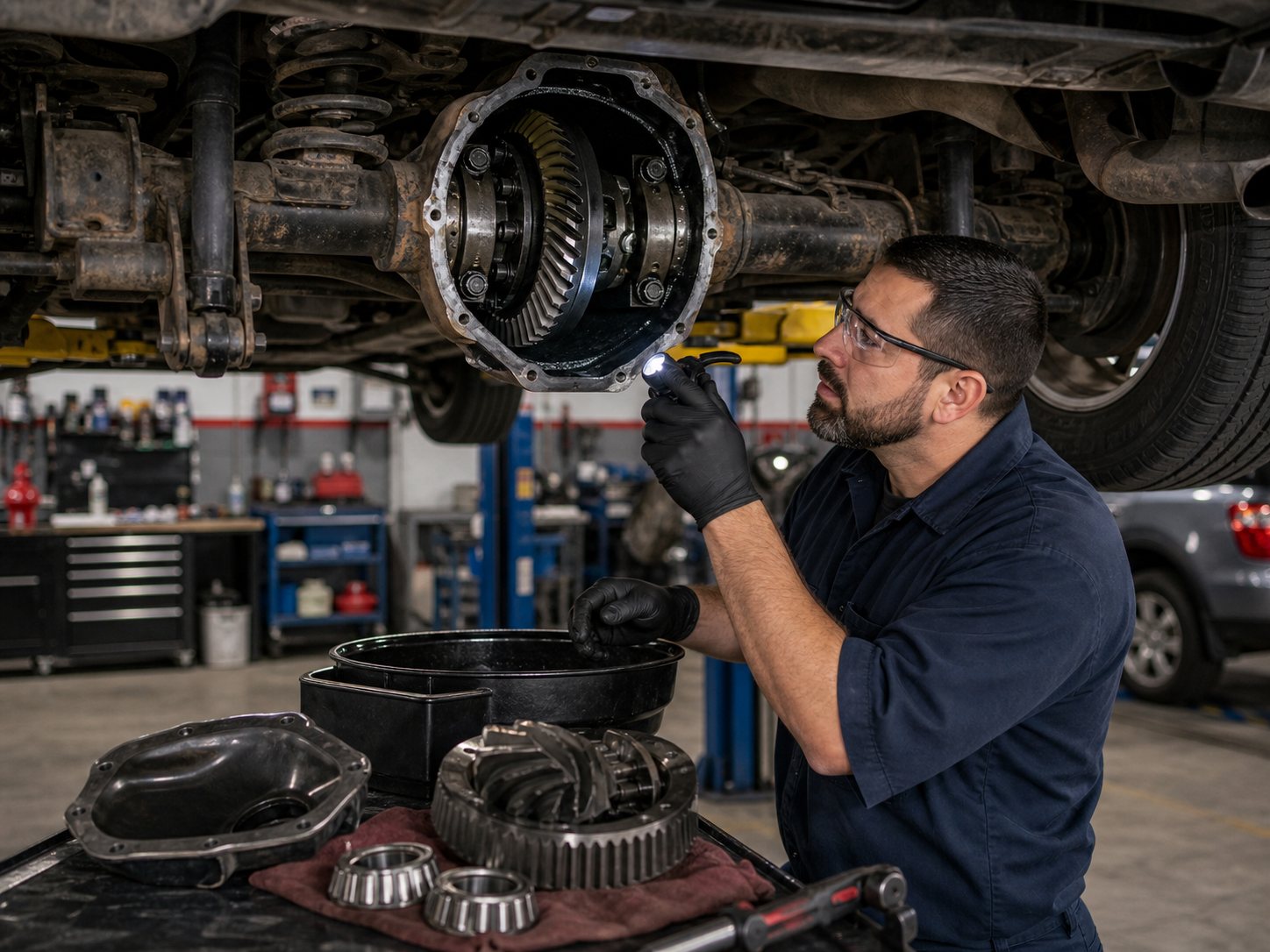 Differential gear inspection with rear cover removed and bearing check in progress