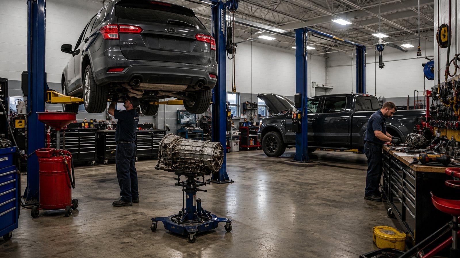 Full auto repair bay with transmission tools diagnostics and vehicle lifts