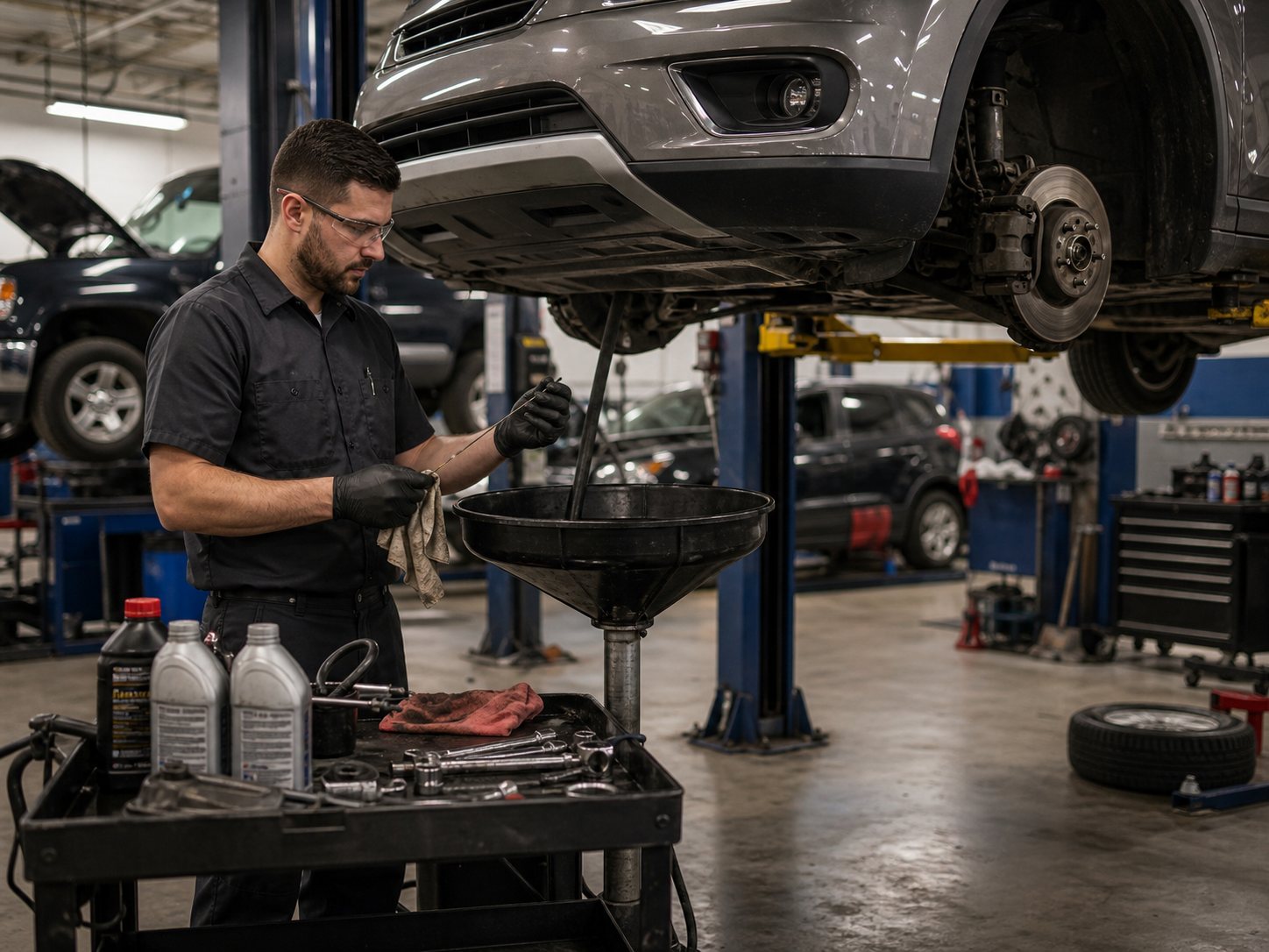 General auto maintenance inspection with fluids brakes and lift service