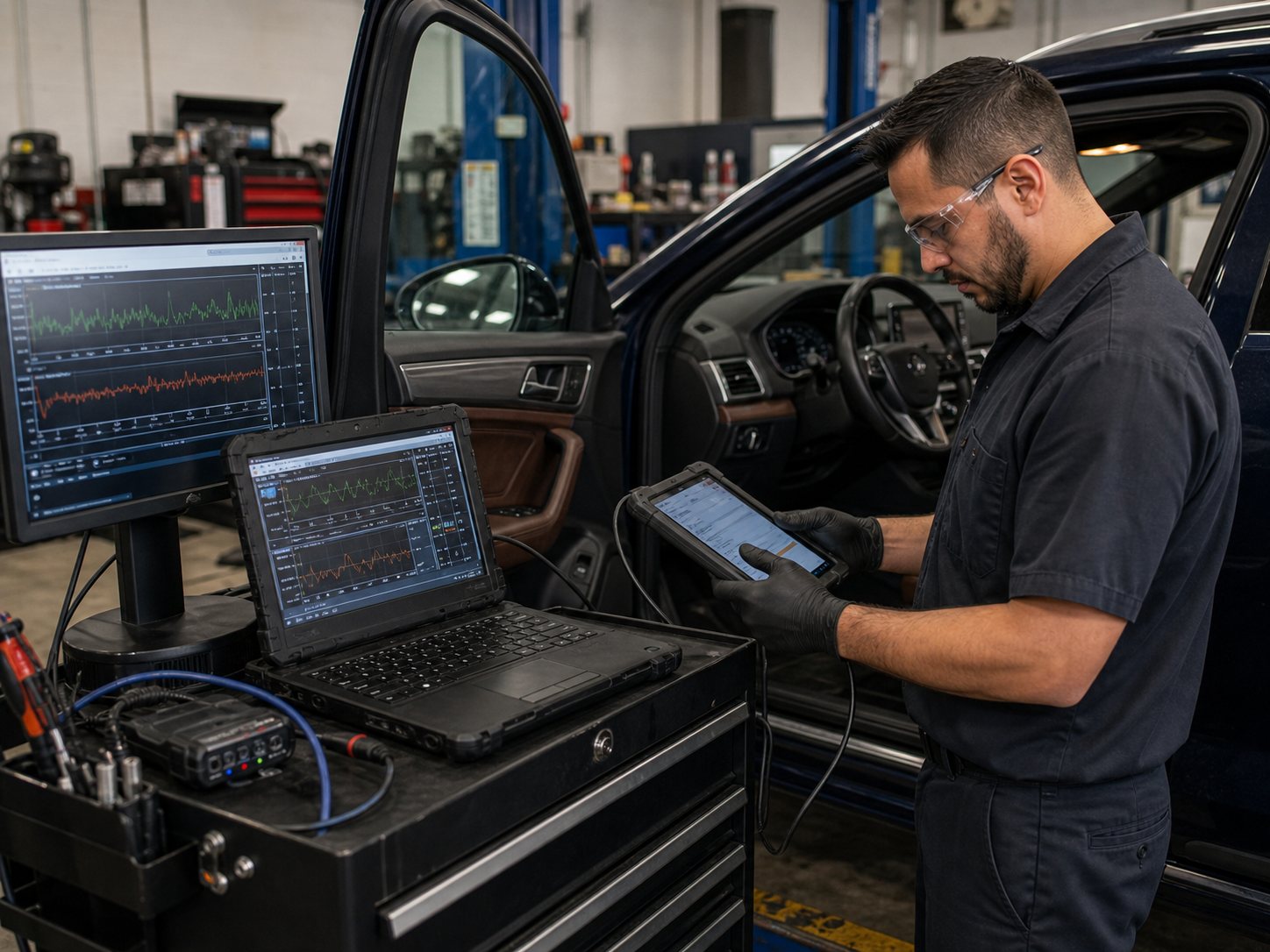 Same day transmission diagnostic scan with vehicle data reviewed beside the driver door