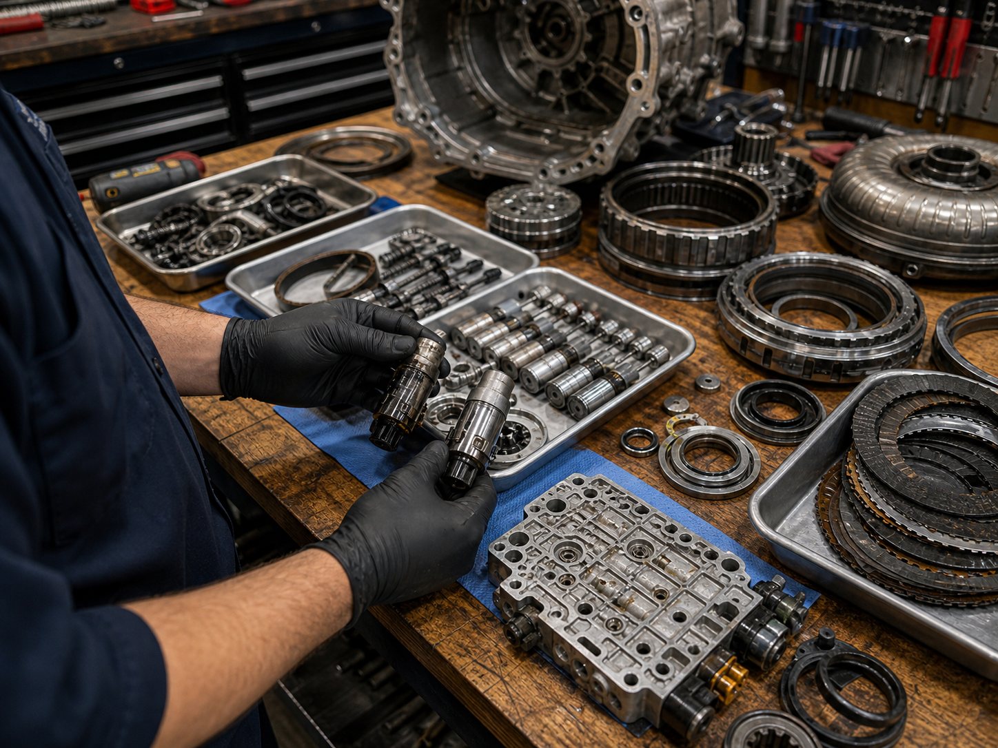 Transmission parts bench with solenoids seals bearings and replacement components