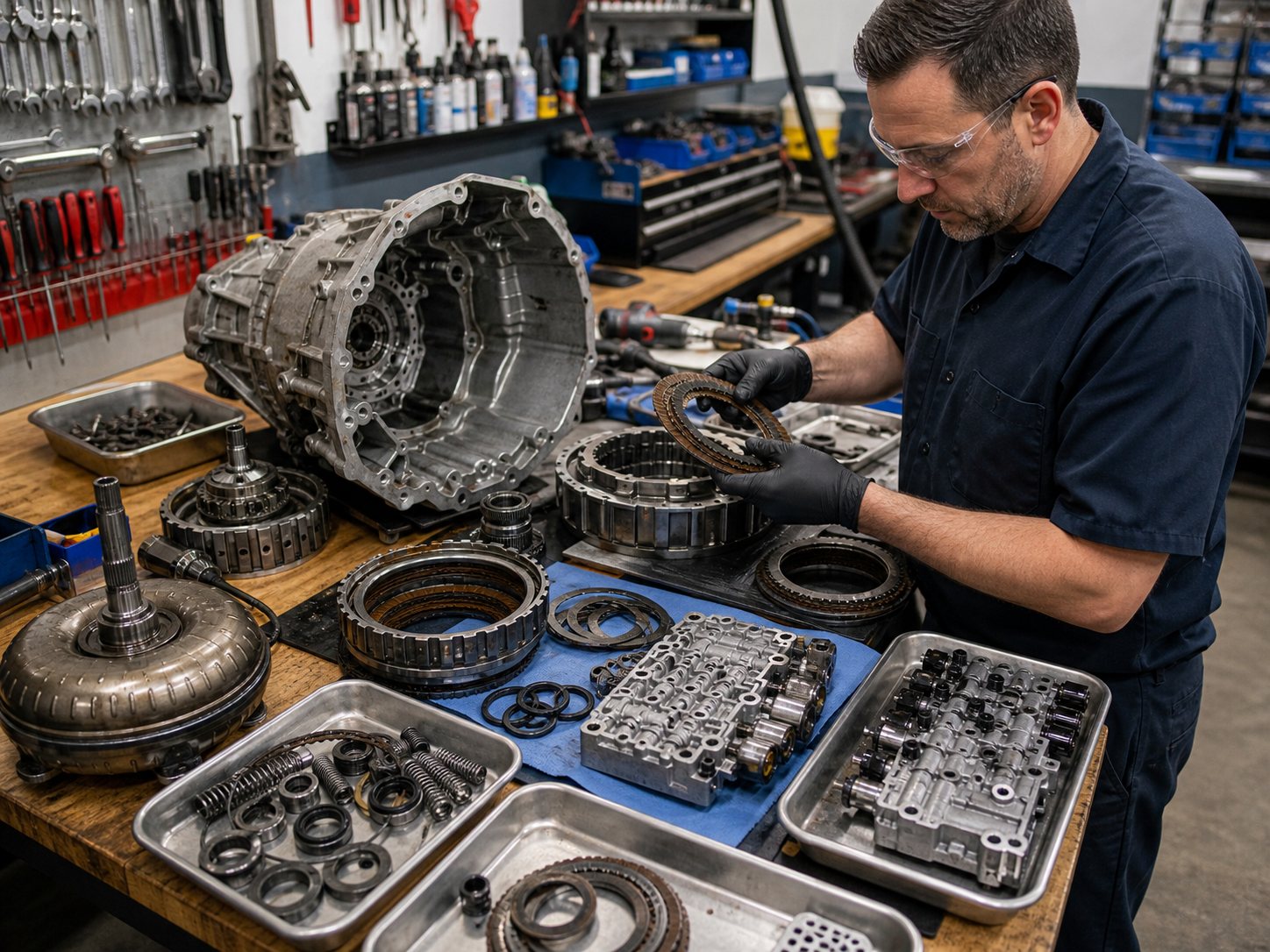 Transmission rebuild bench with clutch packs seals and valve body parts organized for inspection