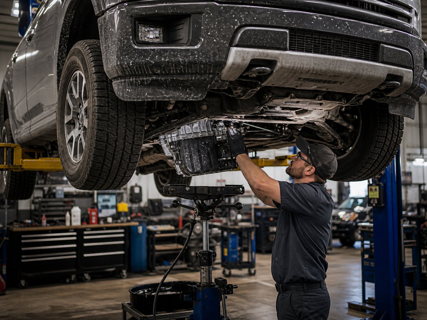 Pickup truck transmission service with pan cooler line and mount inspection