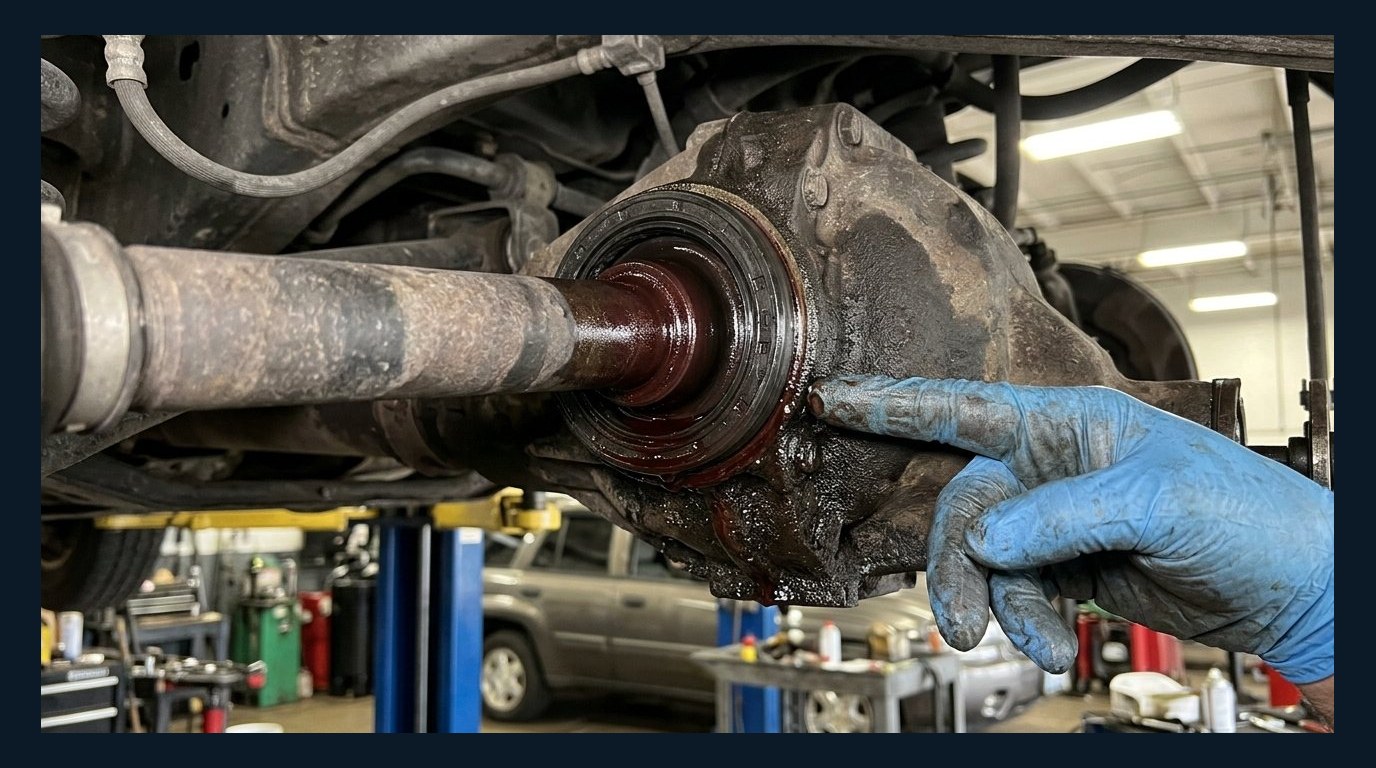 seal leak close-up inspection under vehicle for Rear Main Seal Replacement repair planning