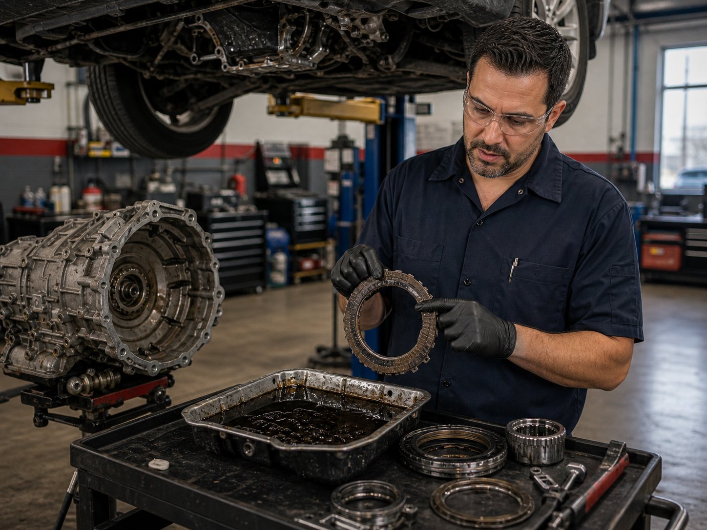 Transmission pan inspection showing clutch material and burnt fluid before rebuild approval