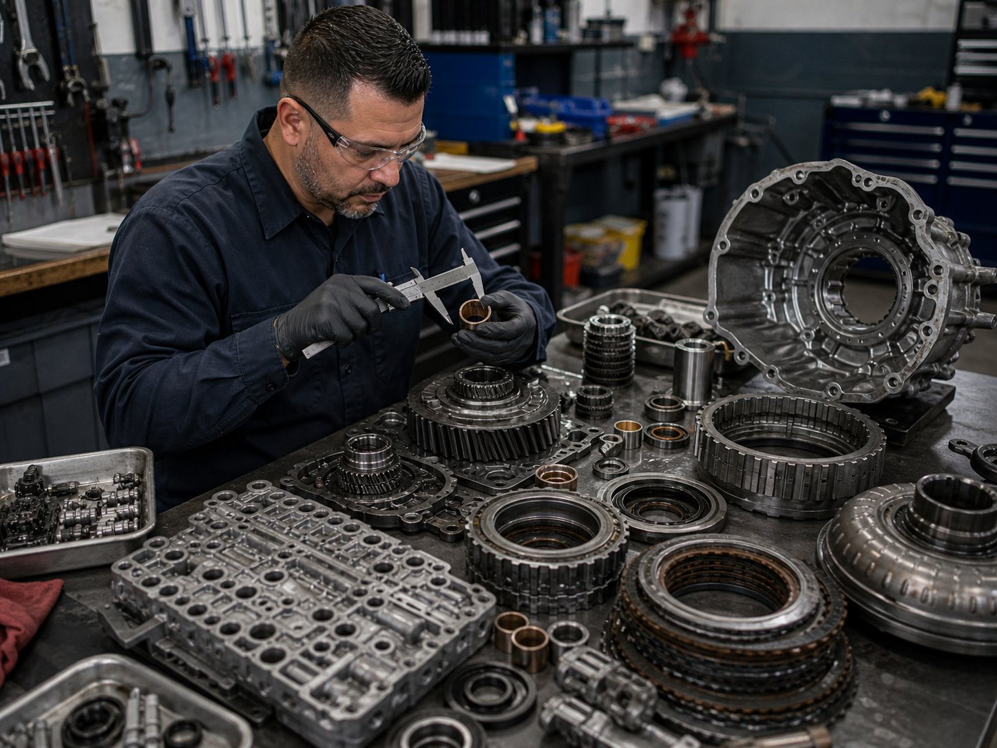 Transmission rebuild parts layout with valve body seals clutch packs and gear sets inspected