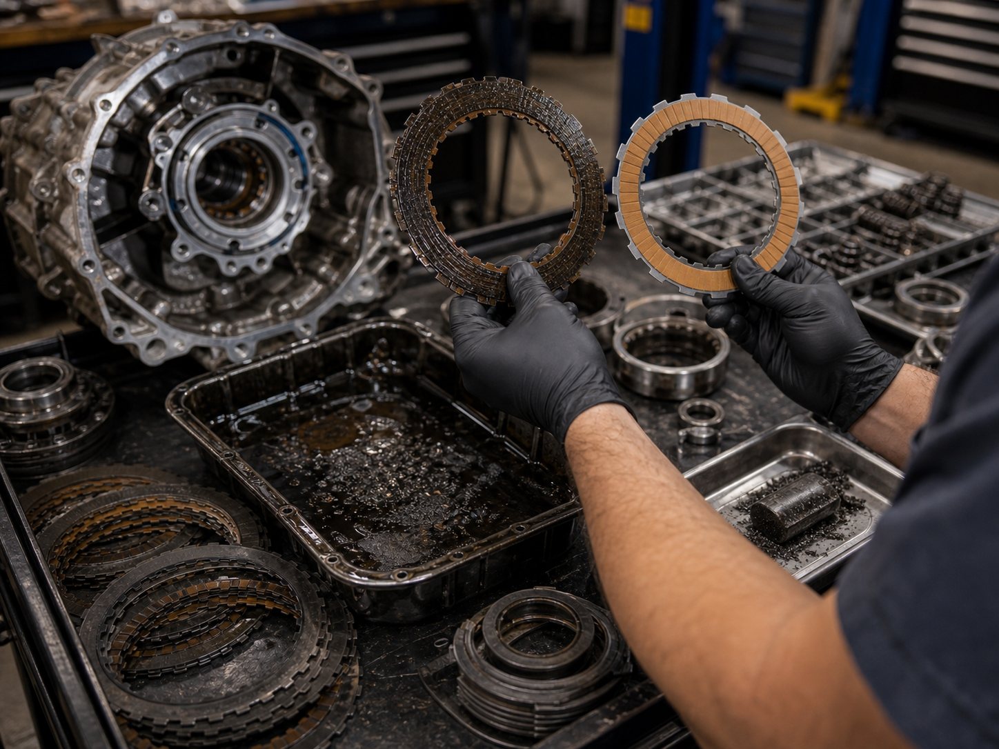 Worn friction plate and burnt transmission fluid evidence from teardown inspection