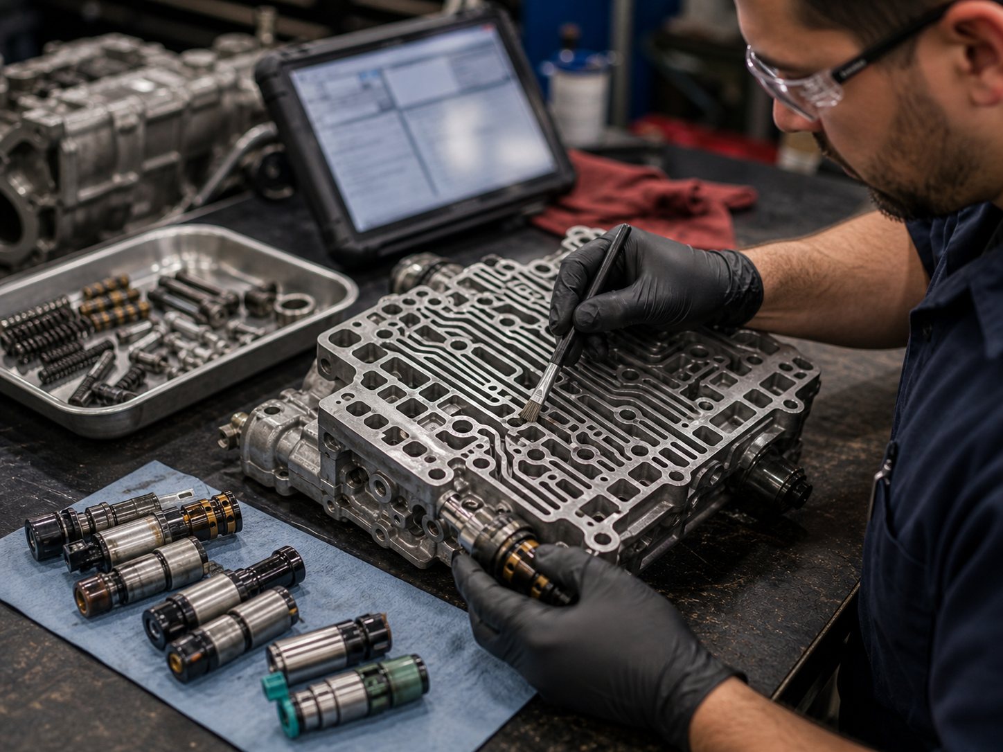 Valve body cleaning and solenoid inspection during transmission rebuild