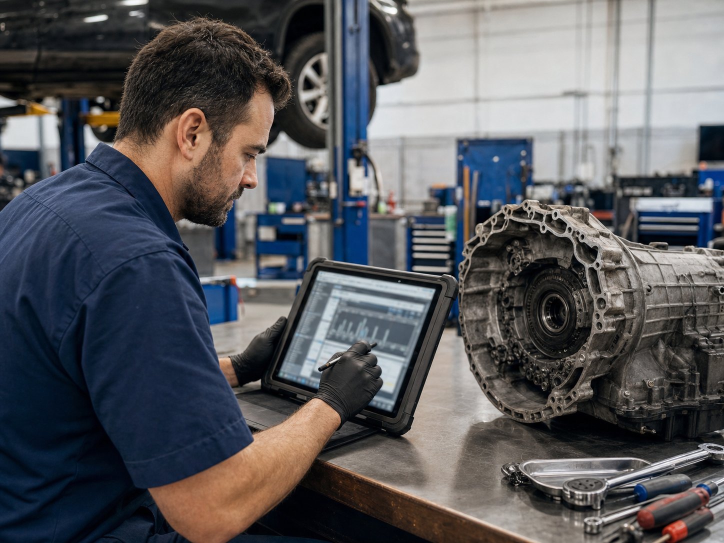 Transmission diagnostic data reviewed beside an open transmission assembly before repair