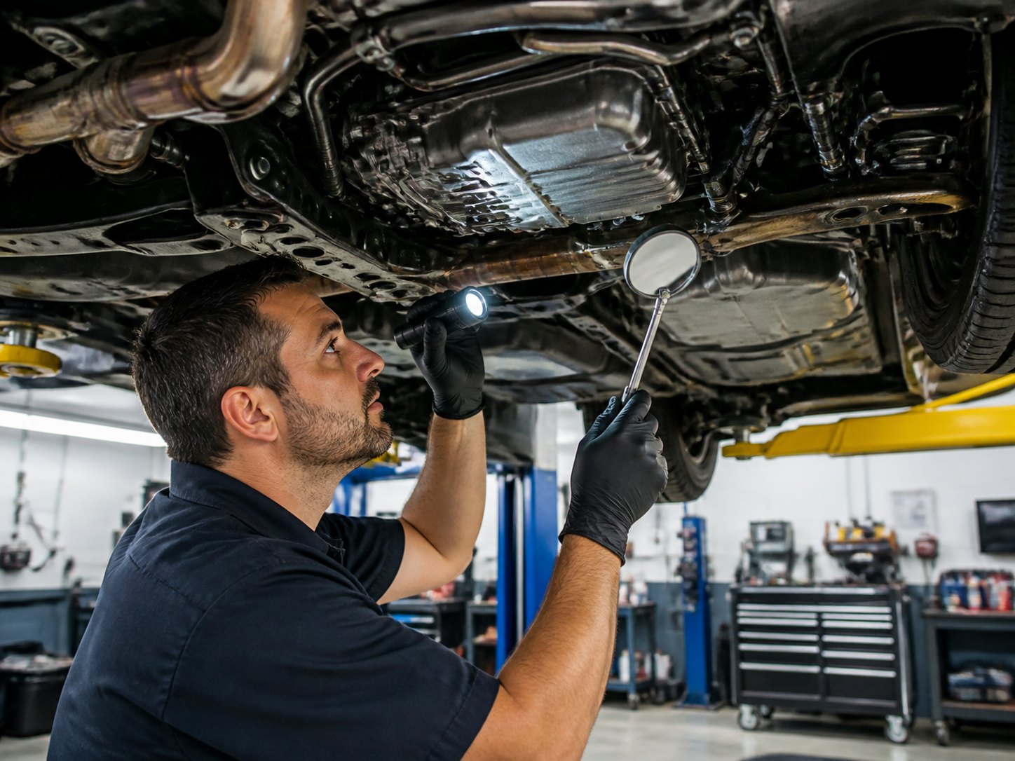 Undercarriage transmission inspection for leaks, mounts, and cooler line issues