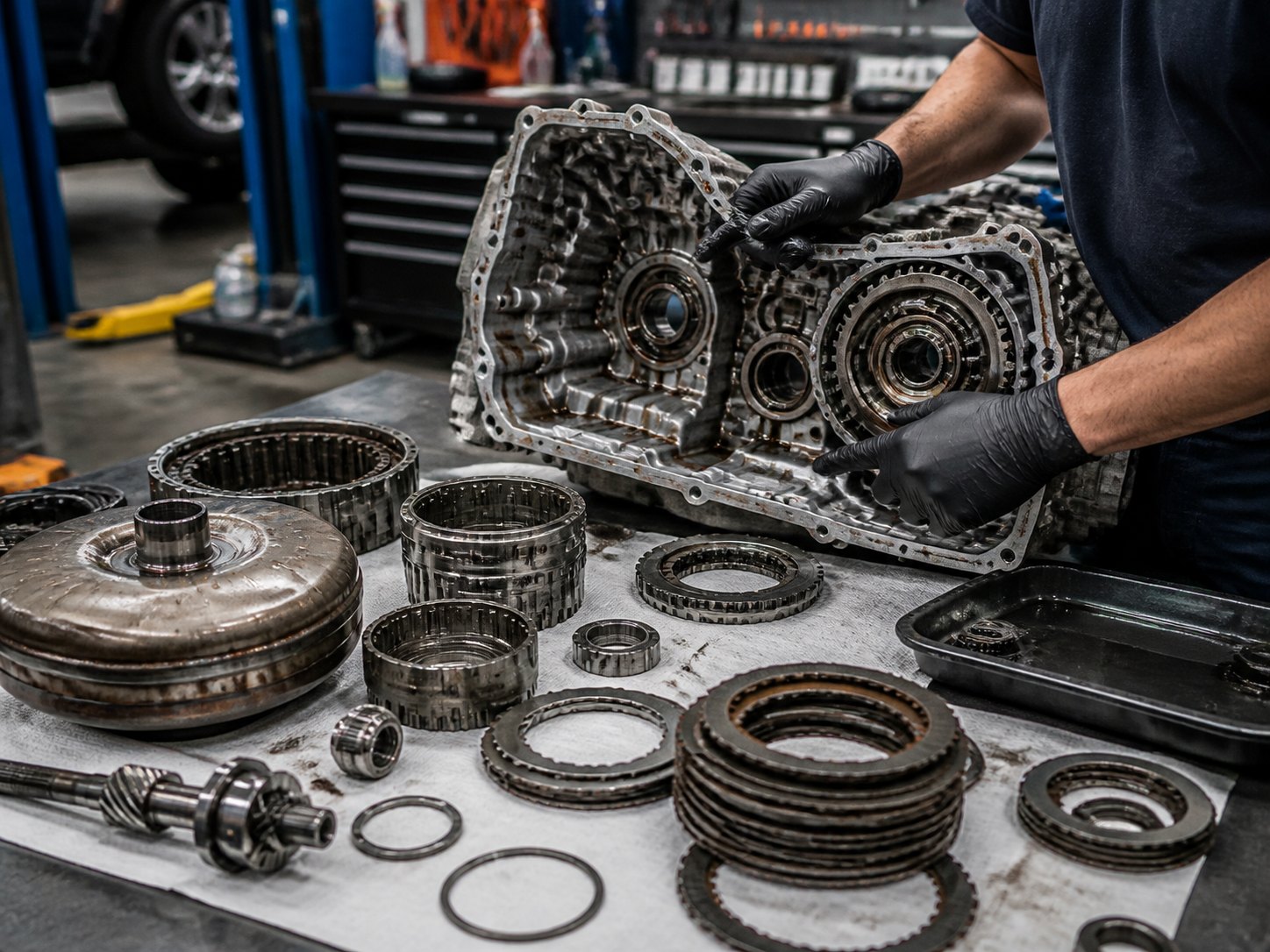 Transmission internal parts laid out to explain the correct repair path