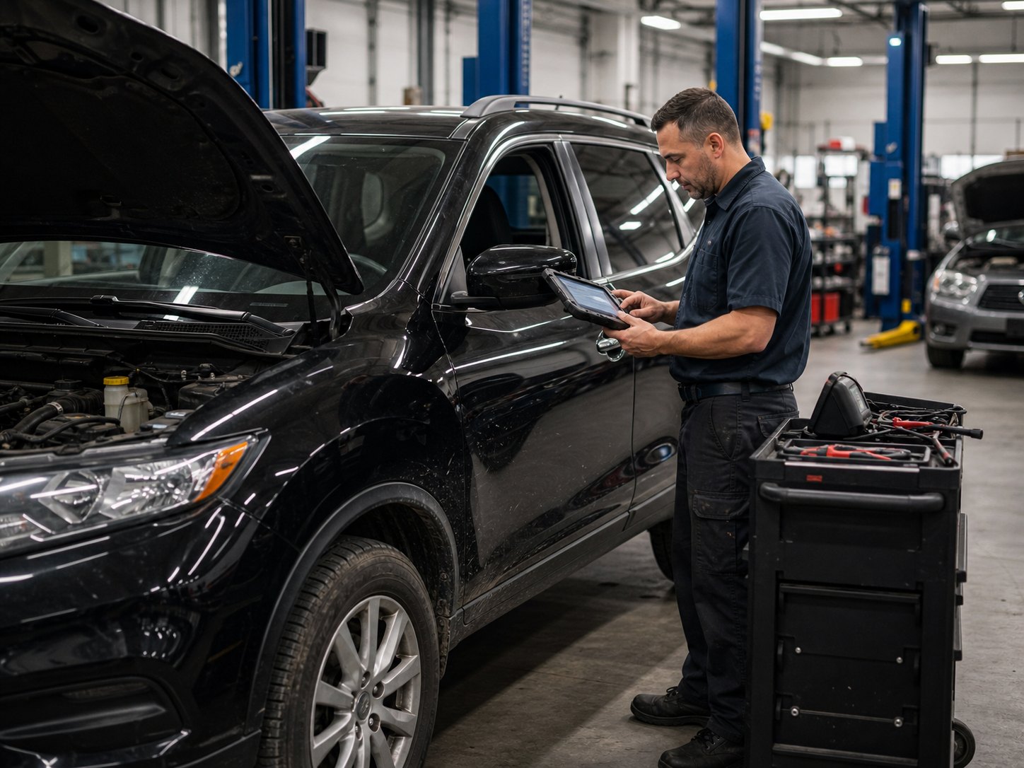 Technician using a scan tool to diagnose slipping and hard shifting for Arlington Heights drivers