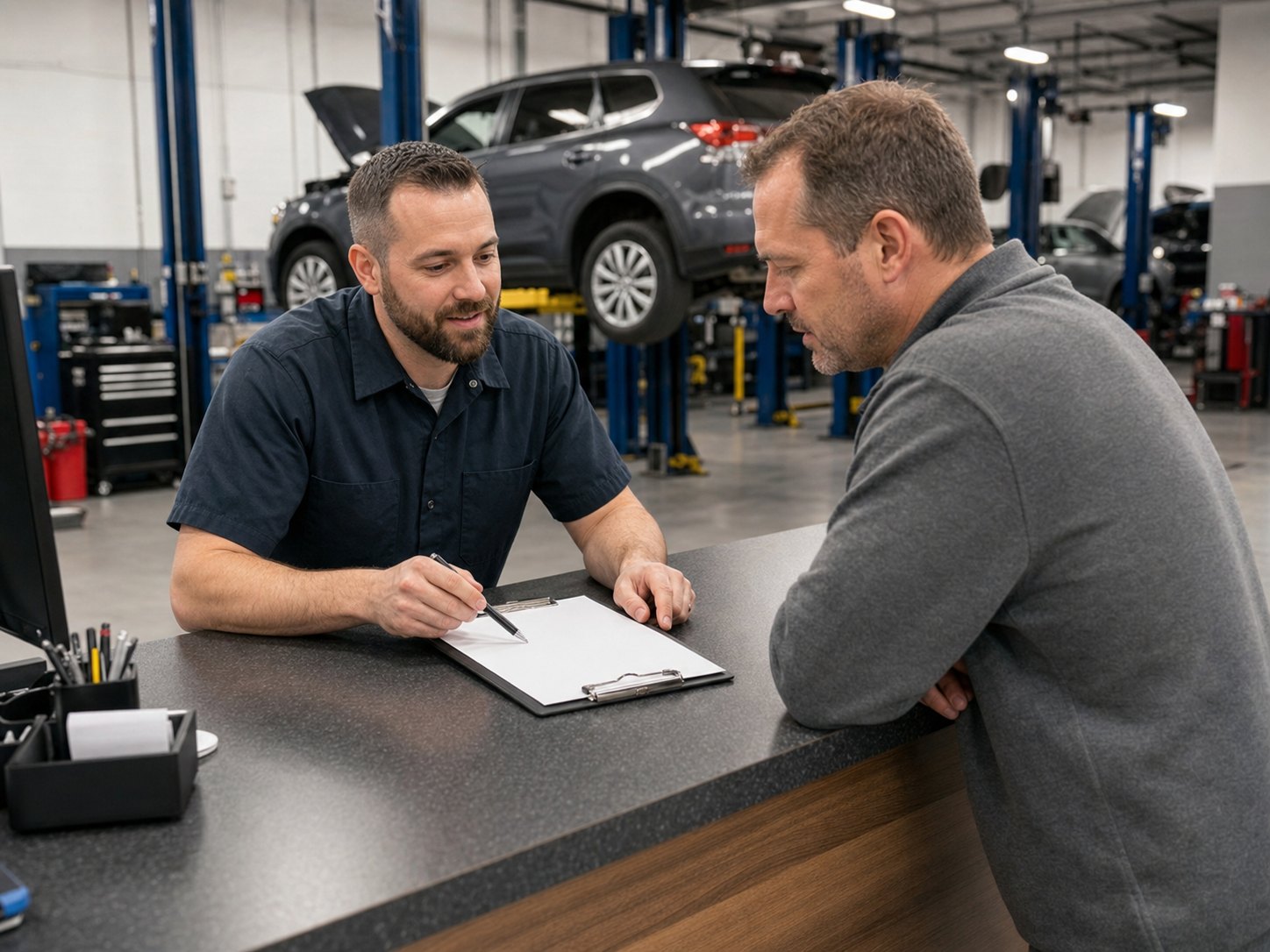 Service advisor reviewing a written transmission repair estimate with an Arlington Heights customer