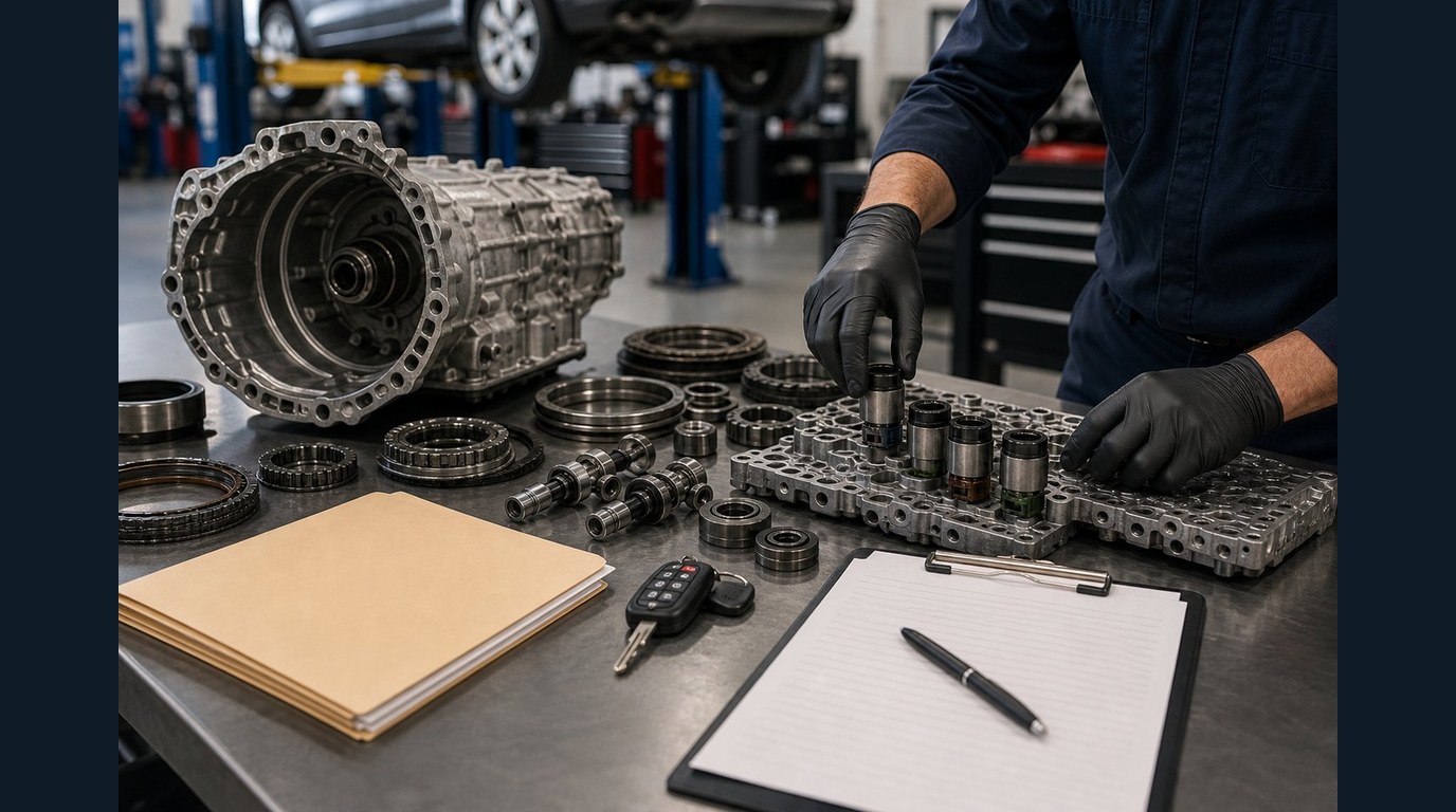 Transmission repair documentation and warranty support records organized on a workbench