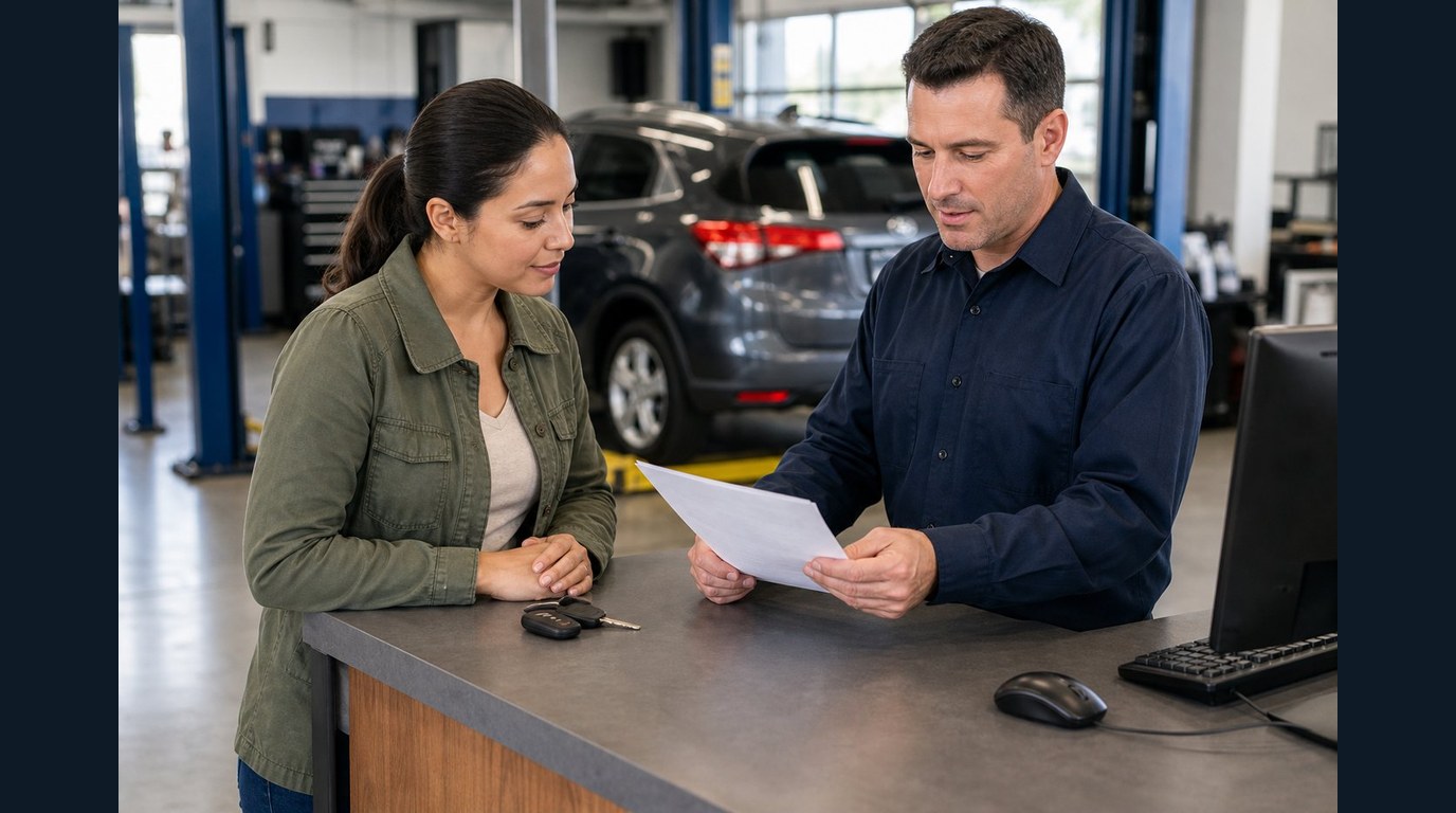 Service advisor reviewing warranty and repair records for Arlington Heights transmission support