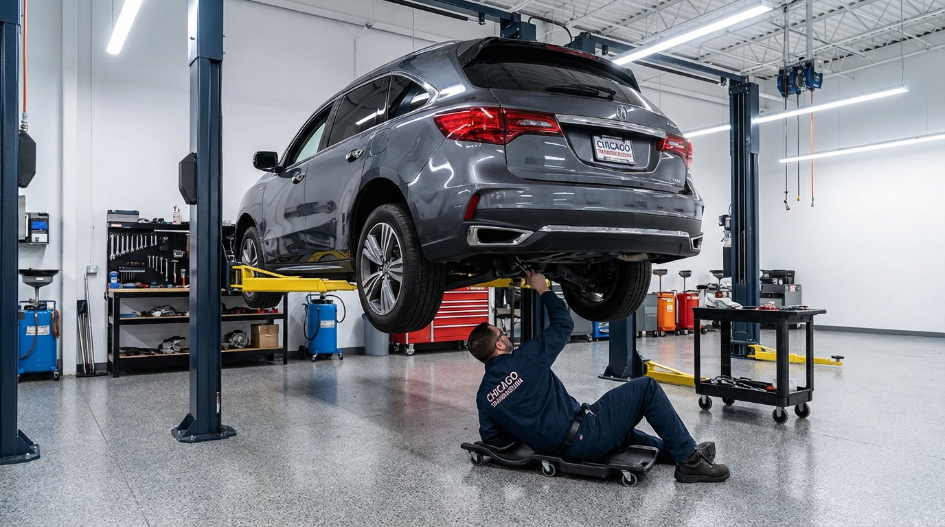 Acura vehicle raised for transmission and driveline inspection for Acura ILX transmission repair in Arlington Heights